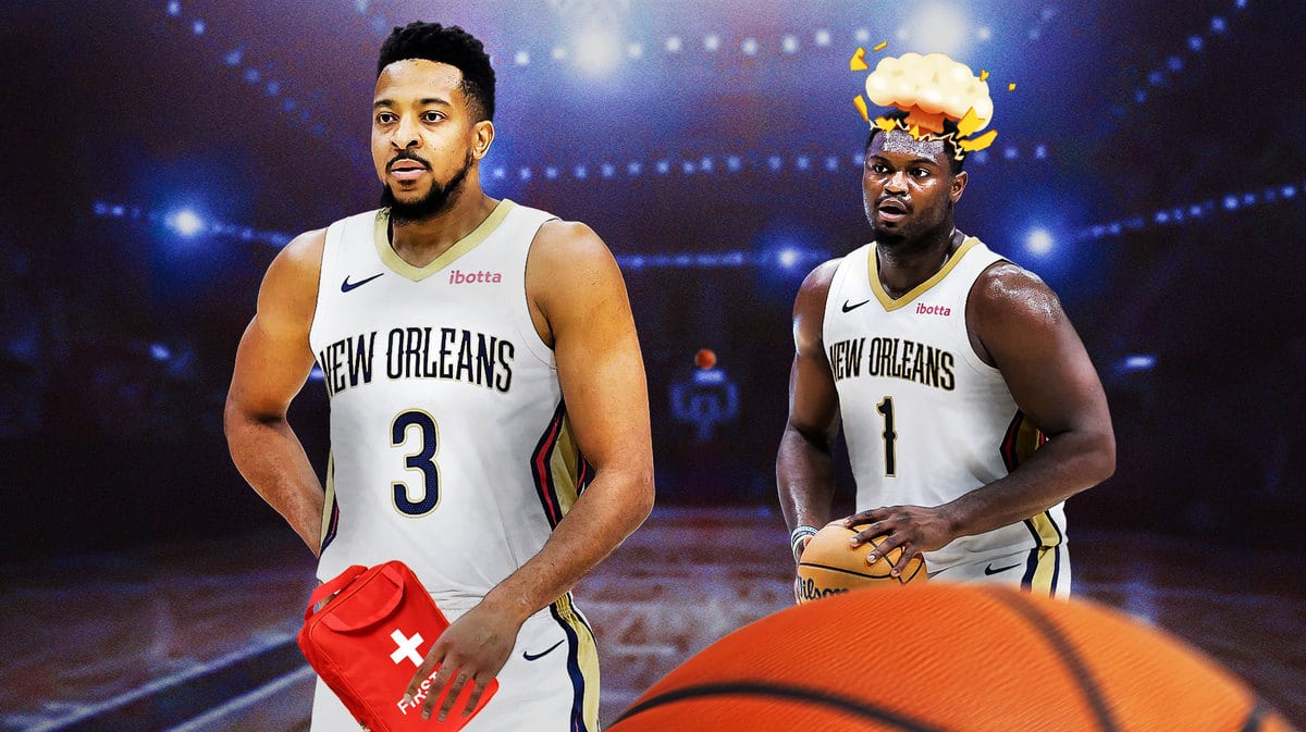 Pelicans' CJ McCollum with first aid kit. Zion Williamson with mind-blown head