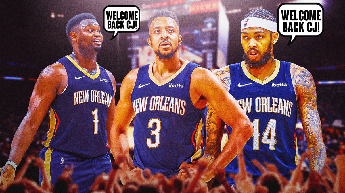 Zion Williamson and Brandon Ingram saying "welcome back CJ" to CJ McCollum
