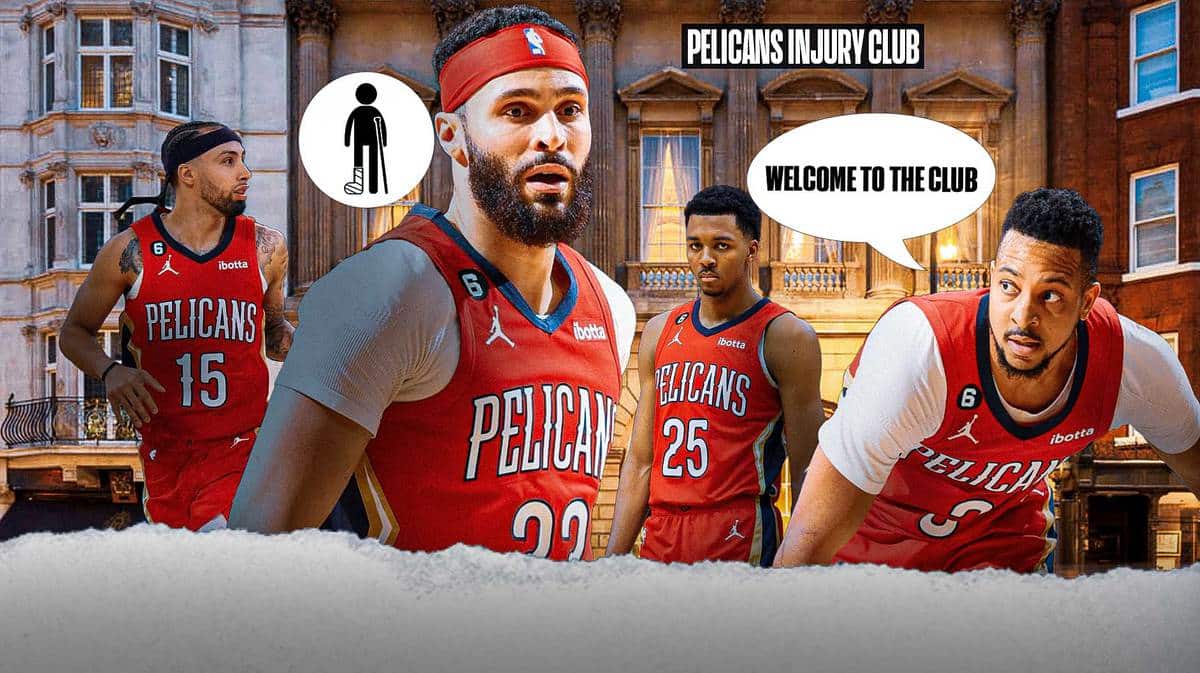 Larry Nance Jr. next to CJ McCollum, Trey Murphy III and Jose Alvarado with McCollum saying "Welcome to the club"