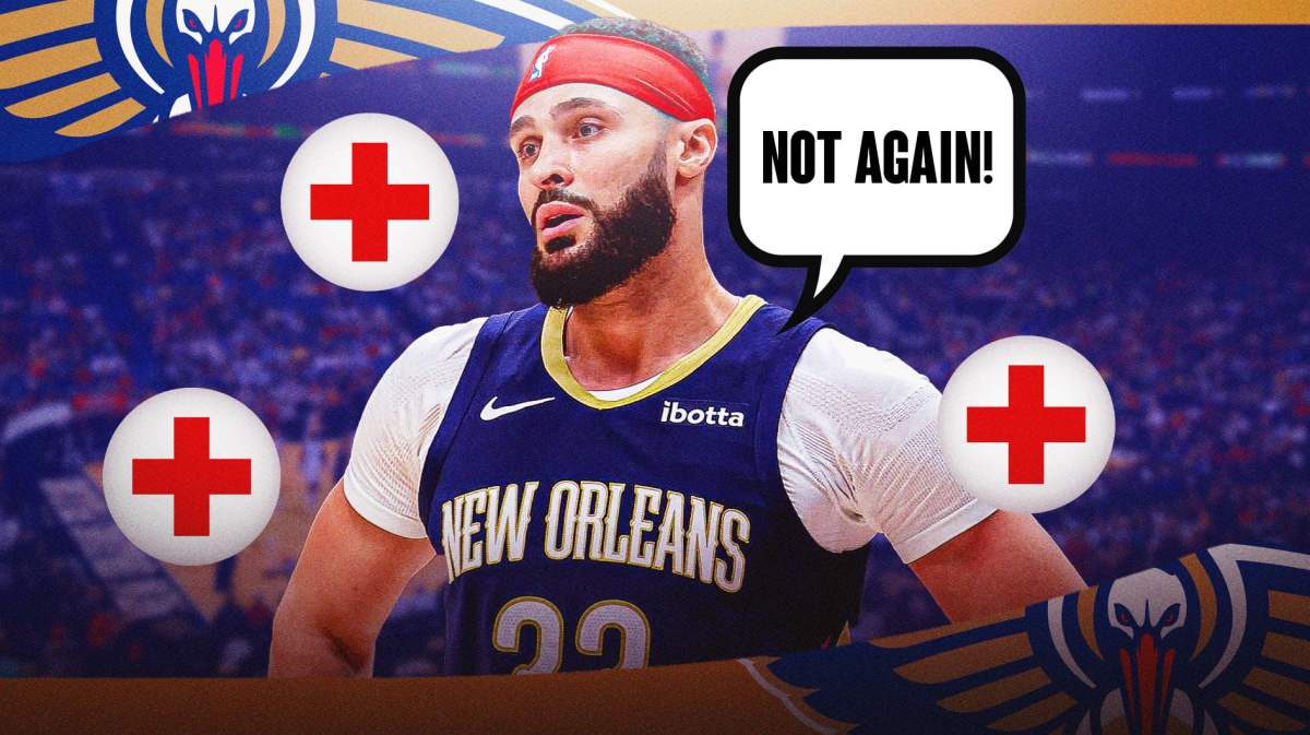 Pelicans' Larry Nance Jr. saying "Not again" with injury symbols around him