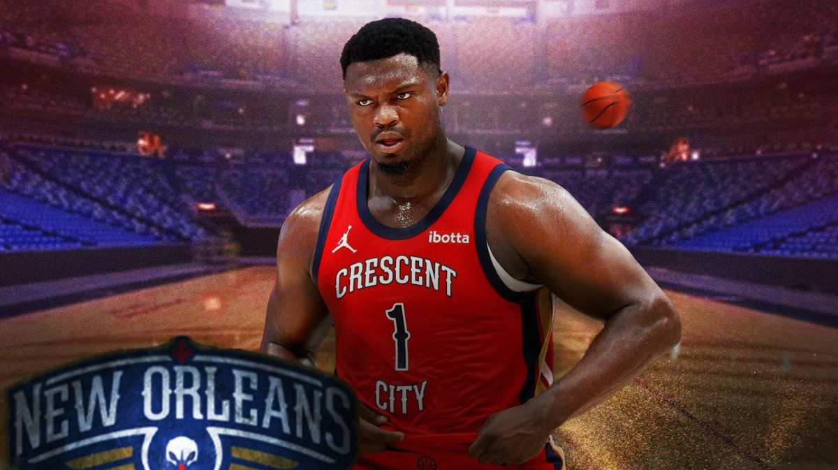 Zion Williamson with the Pelicans arena in the background