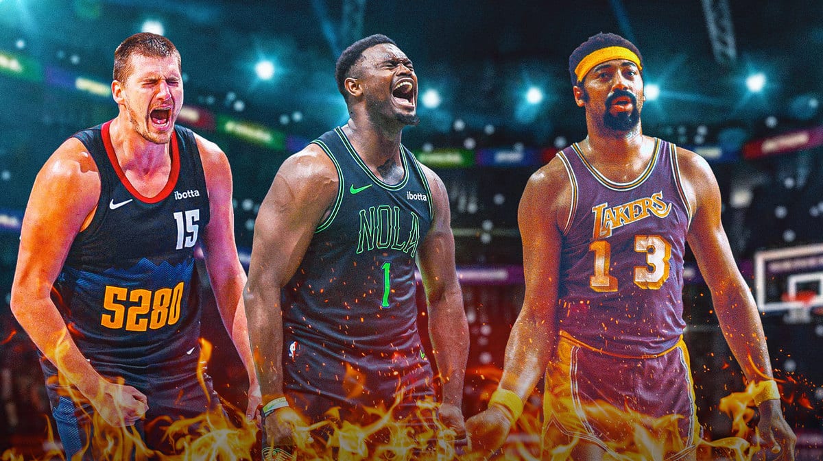 Pelicans Zion Williamson with Nikola Jokic and Wilt Chamberlain after winning over Sixers without Joel Embiid