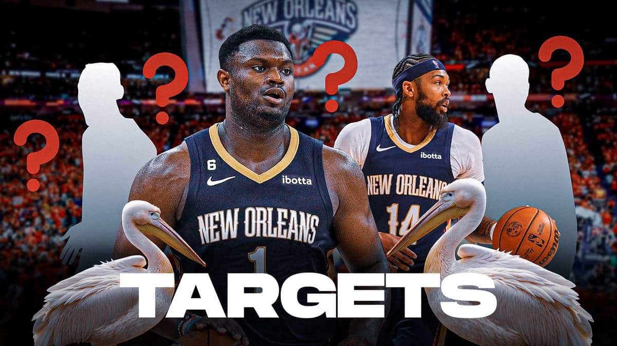 Brandon Ingram and Zion Williamson in the middle, two Mystery Players around them, and question marks (❓) in the background.