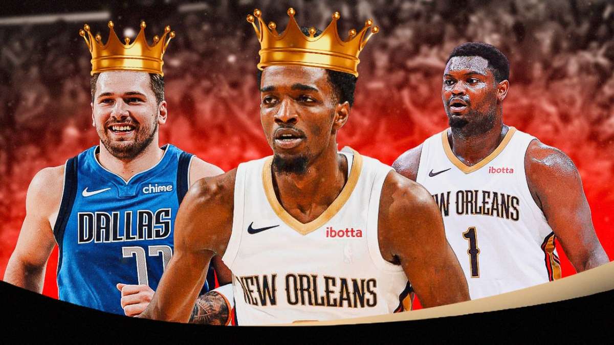 Pelicans Zion Williamson and Herb Jones with Mavs Luka Doncic