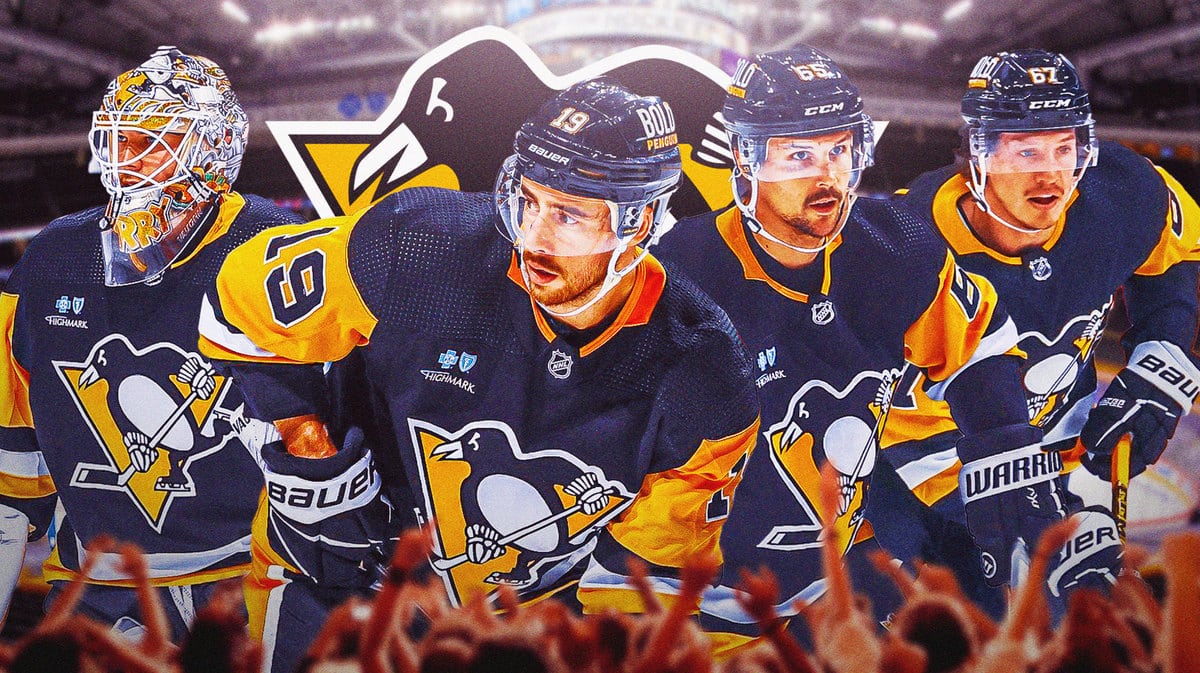 Reilly Smith, Tristan Jarry, Erik Karlsson and Rikard Rakell, PIT Penguins logo, hockey rink in background