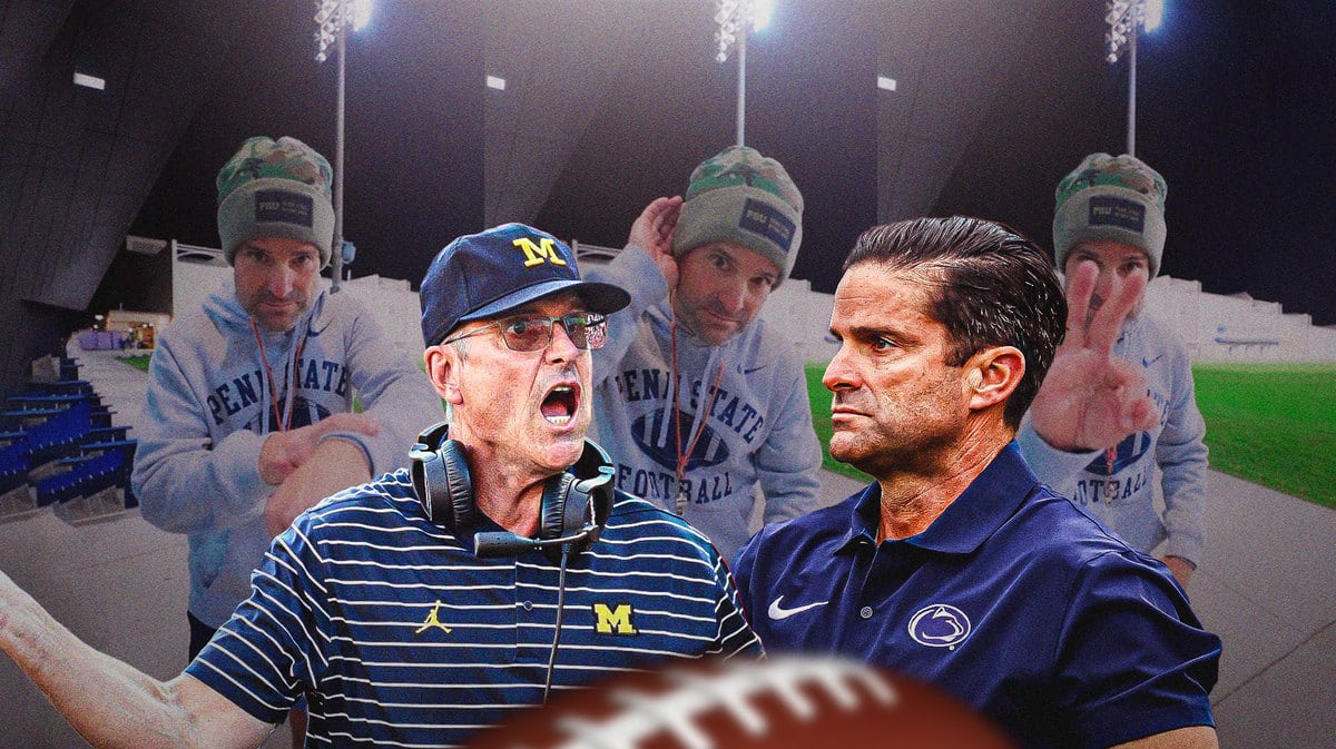 Screenshot of Penn State defensive coordinator Manny Diaz making signals in the attached video (he does it at the end). Have Manny Diaz in the picture with Jim Harbaugh next to him. Have Harbaugh looking angry