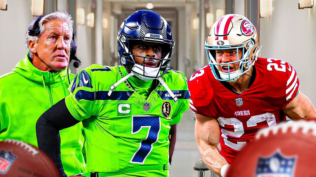 Pete Carroll and Seahawks QB Geno Smith with 49ers Christian McCaffrey