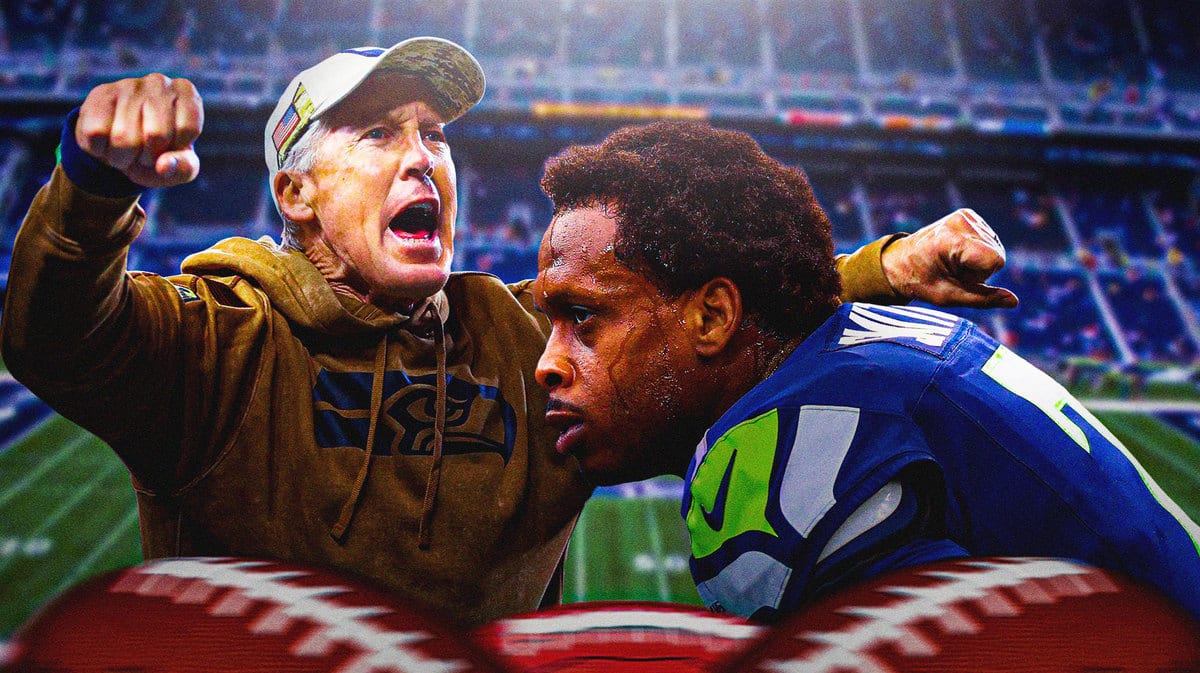 Pete Carroll yelling next to Geno Smith