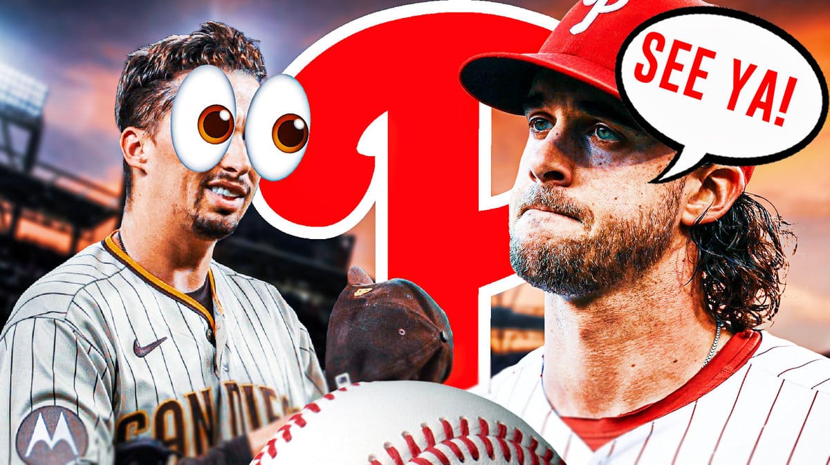 San Diego Padres player Blake Snell on the left side of the image with the eye-ing emoji in his eyes, with the Philadelphia Phillies logo in the middle of the image, as if are eyeing the Phillies logo. Phillies player Aaron Nola is on the right side of the image, with a text bubble saying “See ya!”