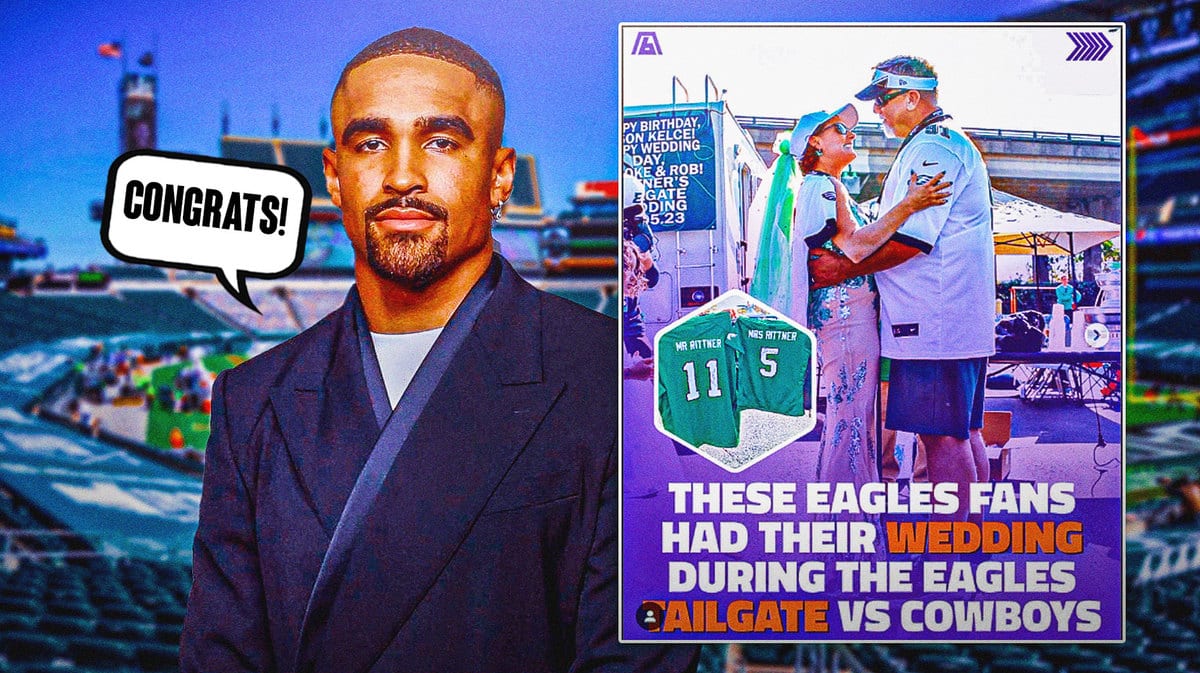 Eagles QB Jalen Hurts congratulating a newly wed couple