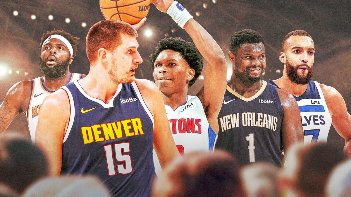 Pistons' Ausar Thompson shooting, with Mitchell Robinson, Rudy Gobert, Zion Williamson, and Nikola Jokic towering over Ausar