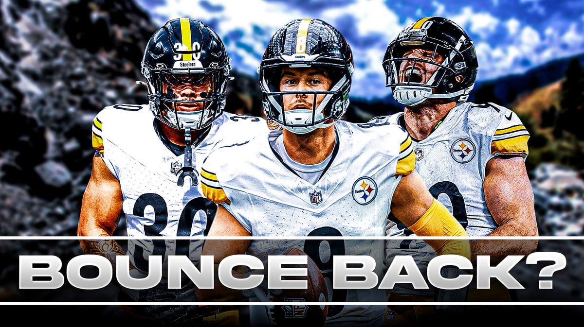 Kenny Pickett, Jaylen Warren, TJ Watt all beside each other and Rockslide in the background.