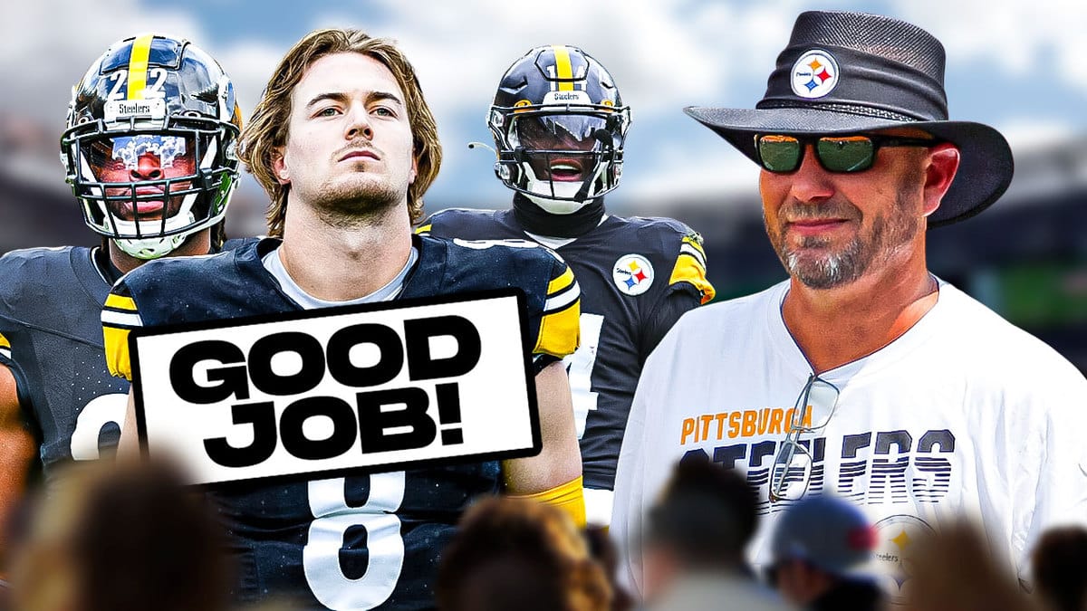 Pittsburgh Steelers George Pickens, Najee Harris, and Kenny Pickett on left side of image, with speech bubble from them saying “Good Job!” and Steelers offensive coordinator Matt Canada on the right side of the image facing them. Looks like the players are talking to Canada and he is listening to them.
