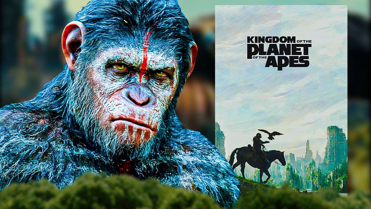 An ape with the Kingdom of the Planet of The Apes movie poster.