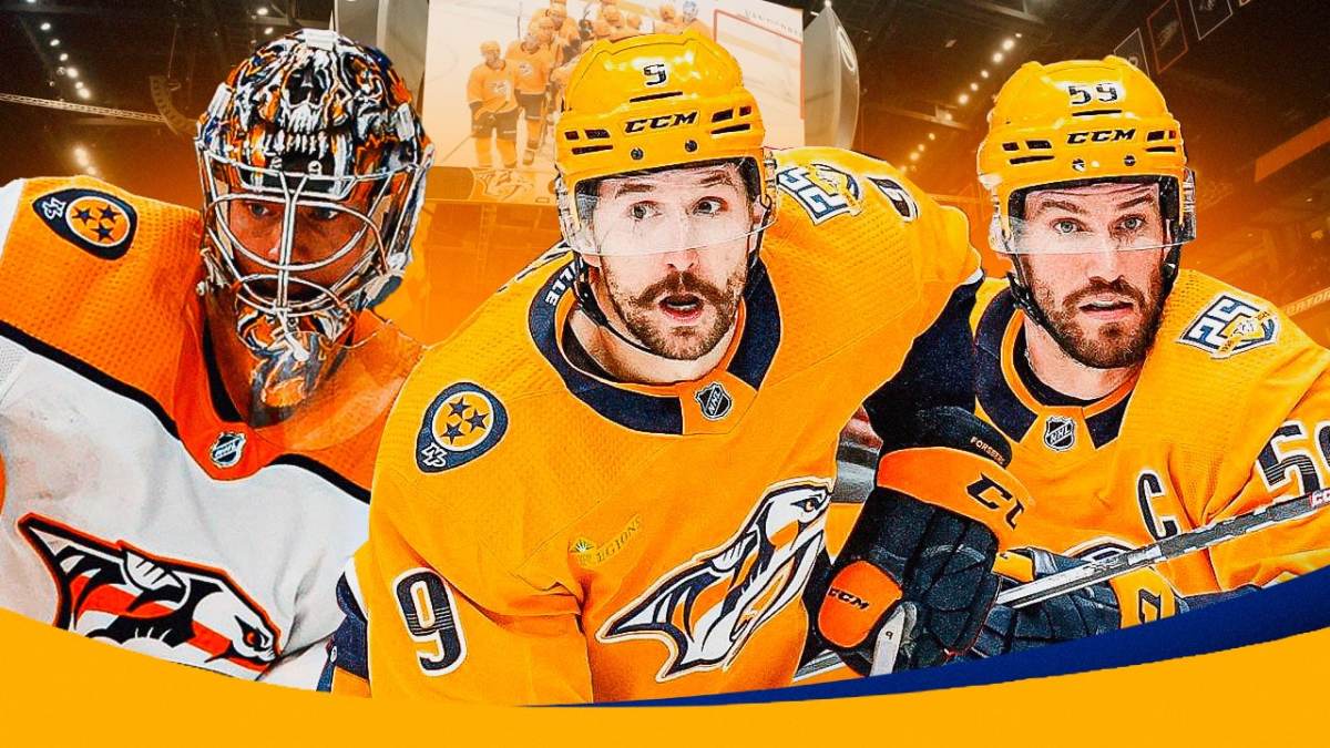 Nashville Predators stars Roman Josi, Juuse Saros, and Filip Forsberg at Bridgestone Arena in Nashville, Tennessee