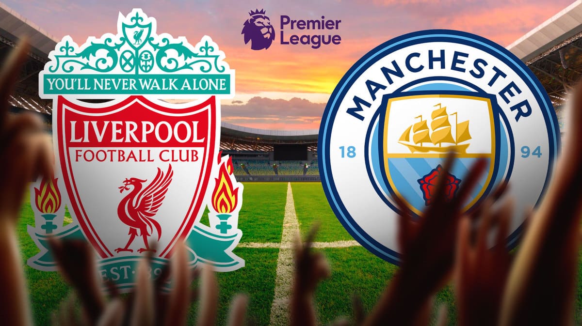 Soccer fans in front of the Liverpool, Manchester City and Premier League logos