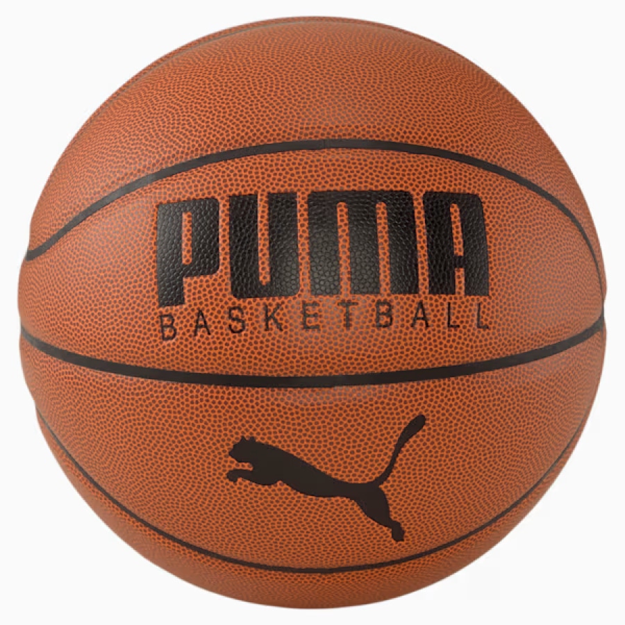 Puma Basketball Top Ball - Leather Brown/Puma Black colorway on a light gray background.