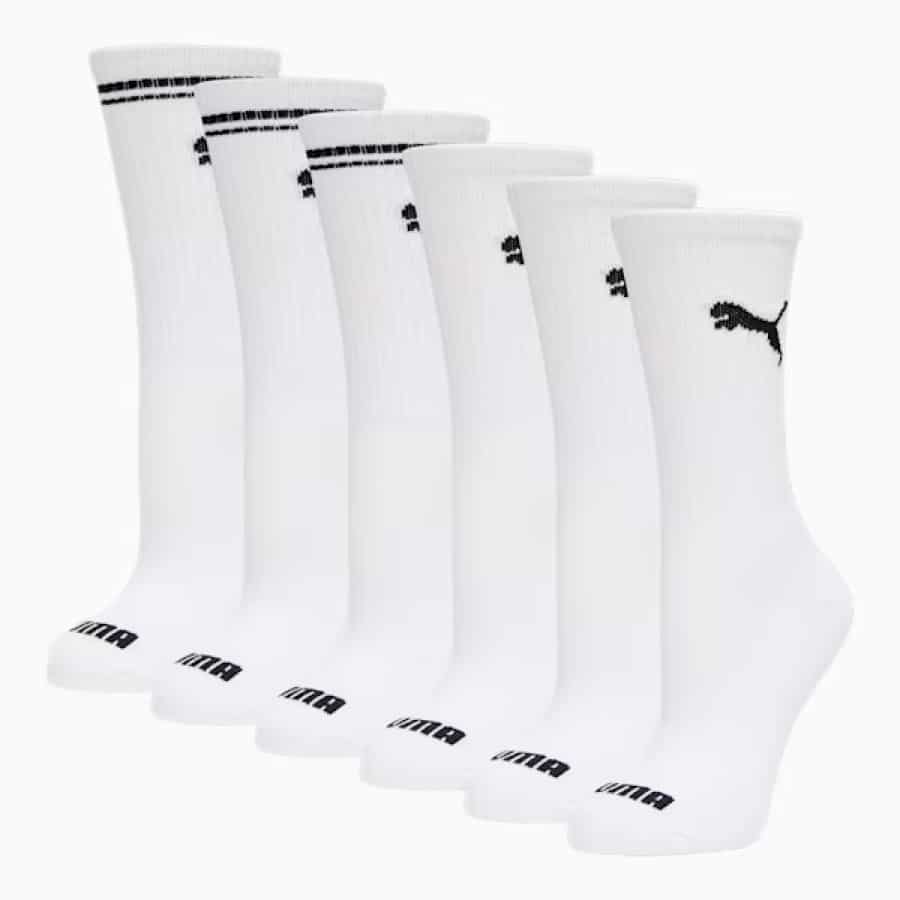 Puma Women's Half-Terry Crew Socks (6 Pack) - White/ Black colorway on a light gray background.