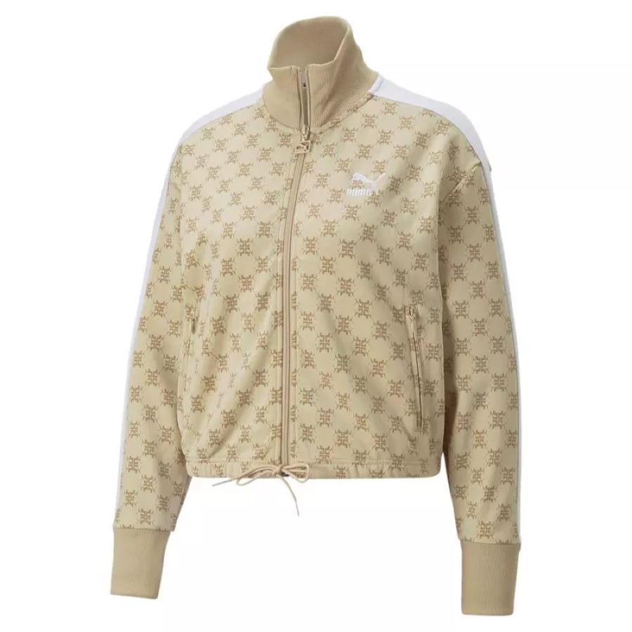 Puma Women's T7 All Over Print Track Jacket - Tan colored on a white background.