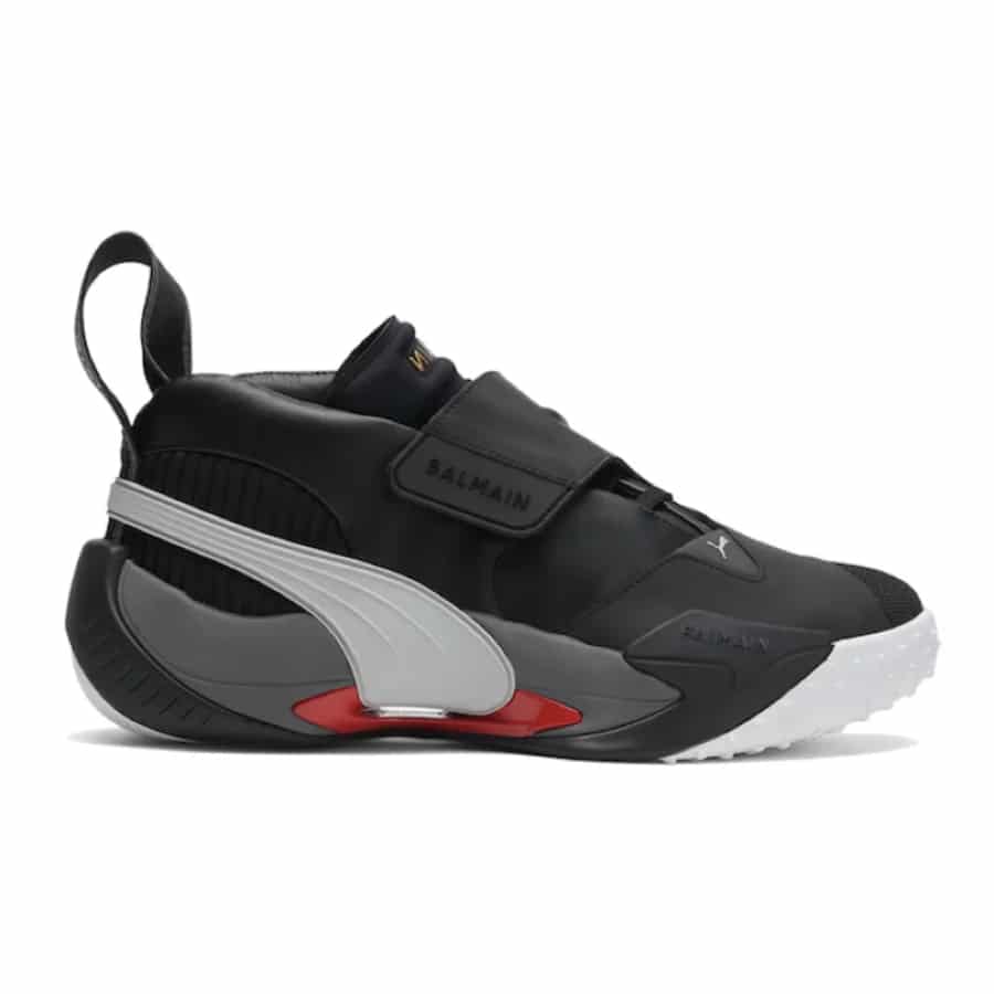 Puma x Balmain Court Basketball Shoes - Black/High Risk Red colorway on a light gray background.