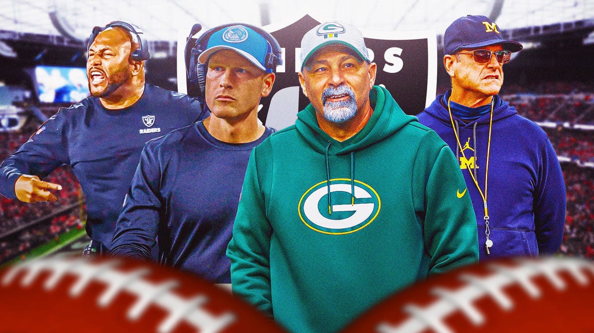 Raiders interim head coach Antonio Pierce, Rich Bisaccia, Ben Johnson, and Jim Harbaugh, who could all be potential Josh McDaniels replacements.