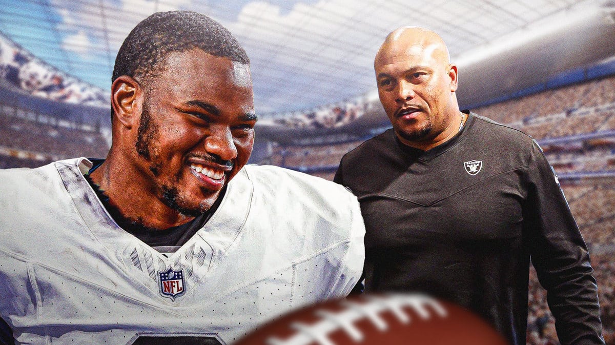 Malik Reed in Raiders jersey beside Antonio Pierce in Raiders coaching gear