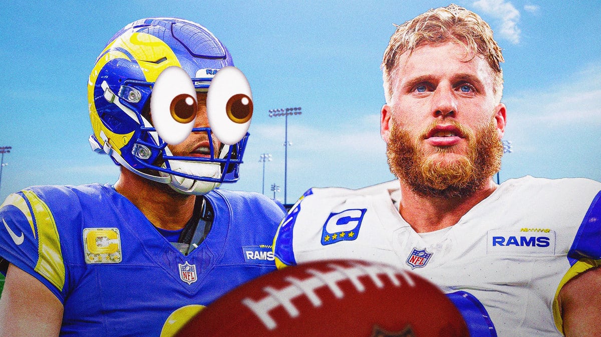 Matthew Stafford with big emoji eyes looking at Cooper Kupp