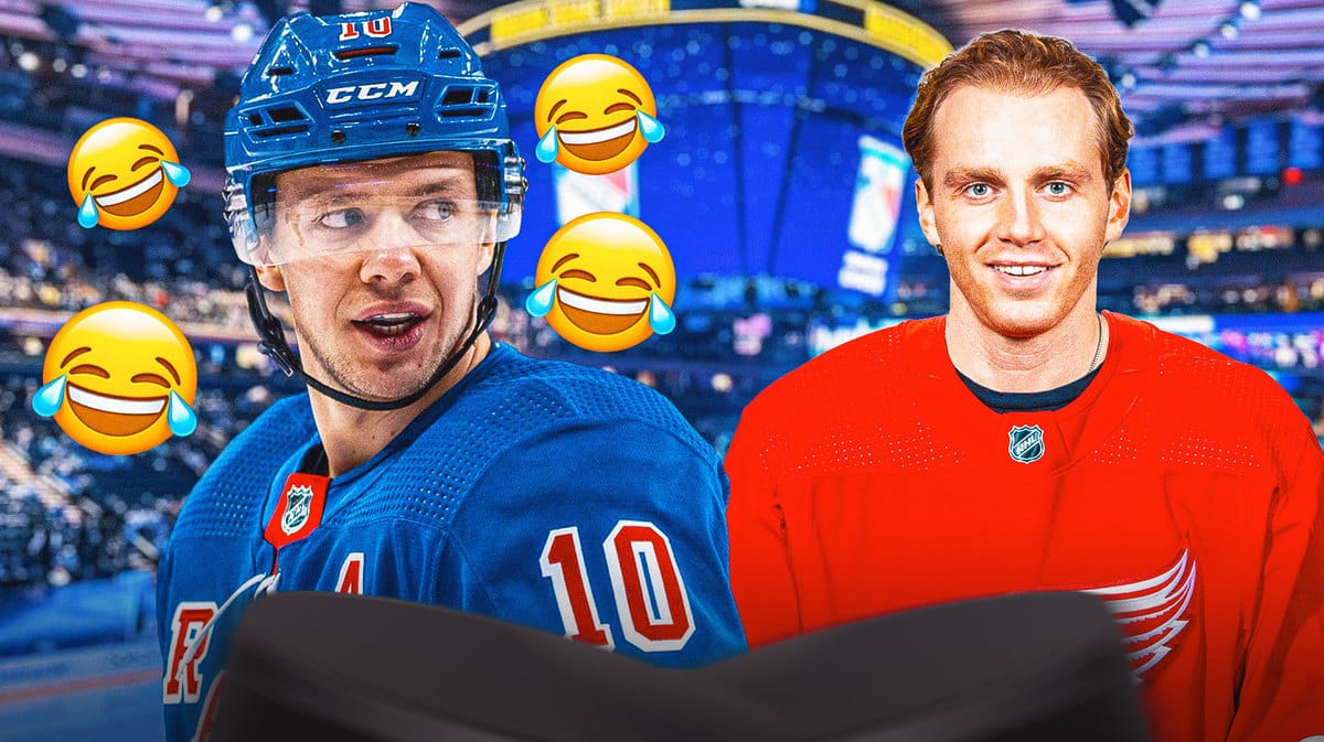 New York Rangers forward Artemi Panarin laughing with Detroit Red Wings forward Patrick Kane in New York on November 29, 2023