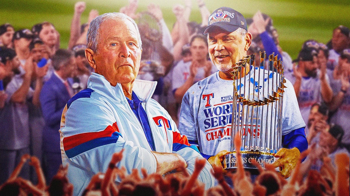 Former U.S. President George Bush and Texas Rangers manager Bruce Bochy in front of fans.