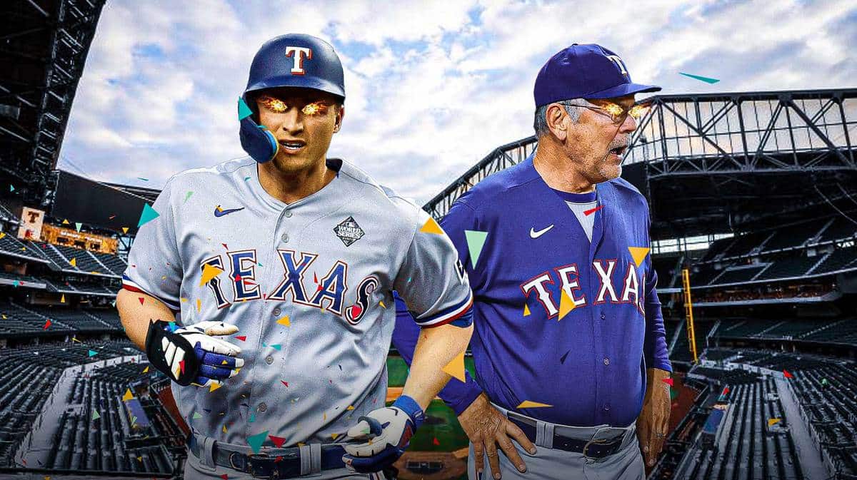 Rangers' Corey Seager and Bruce Bochy with fire in their eyes. Put confetti falling around them