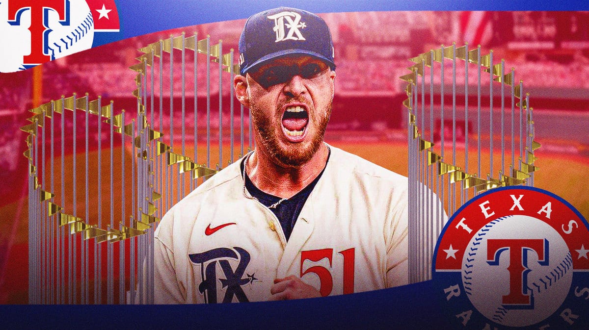 Texas Rangers pitcher Will Smith with three World Series trophies surrounding him to signify his third title in three years