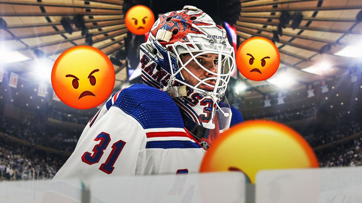 New York Rangers goalie Igor Shesterkin in New York looking angry after losing to the Buffalo Sabres on November 27, 2023