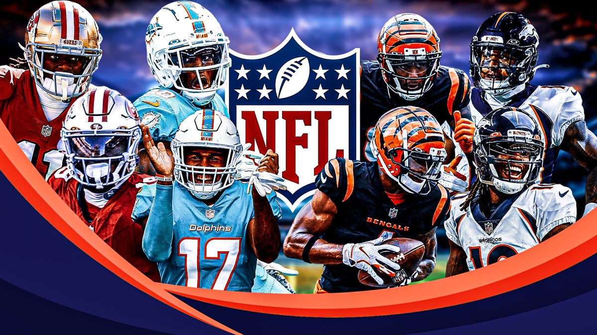 Tyreek Hill and Jaylen Waddle in one corner. Jamar Chase and Tee Higgins in one corner. Deebo Samuel and Brandon Aiyuk in one corner. Courtland Sutton and Jerry Jeudy in the final corner. NFL logo in the middle.