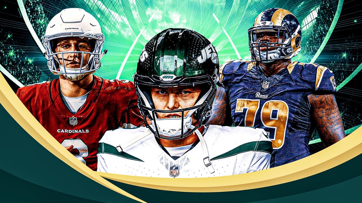 Zach Wilson front and center. Around him are Josh Rosen Cardinals) and Greg Robinson (Rams). Thumbs down emojis on the graphic