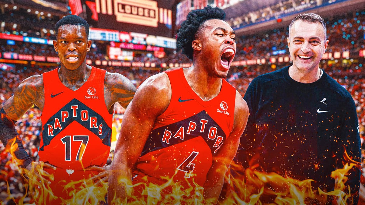 Raptors' Scottie Barnes hyped up in the middle, with Dennis Schroder and Darko Rajakovic all smiling at Barnes