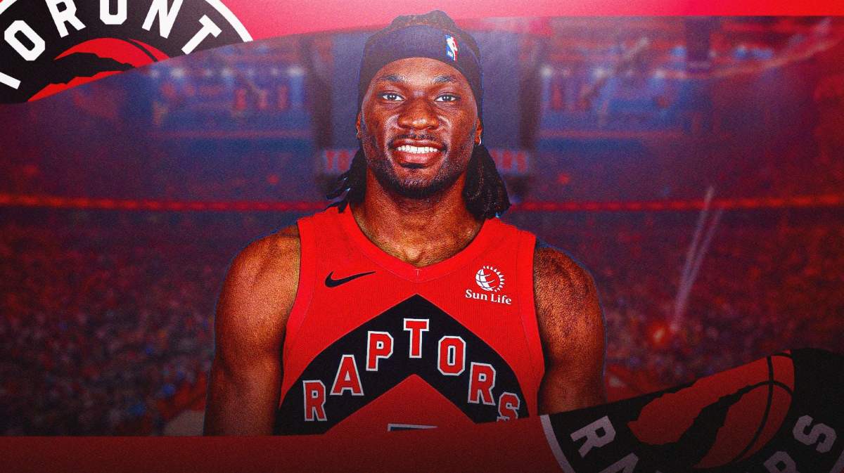 Precious Achiuwa with the Raptors arena in the background injury