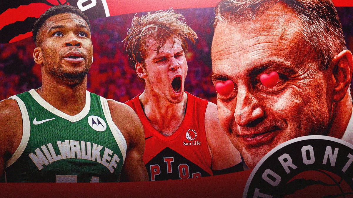 Raptors' Darko Rajakovic heart eyes towards a hyped up Gradey Dick, with Bucks' Giannis Antetokounmpo looking confused on the side