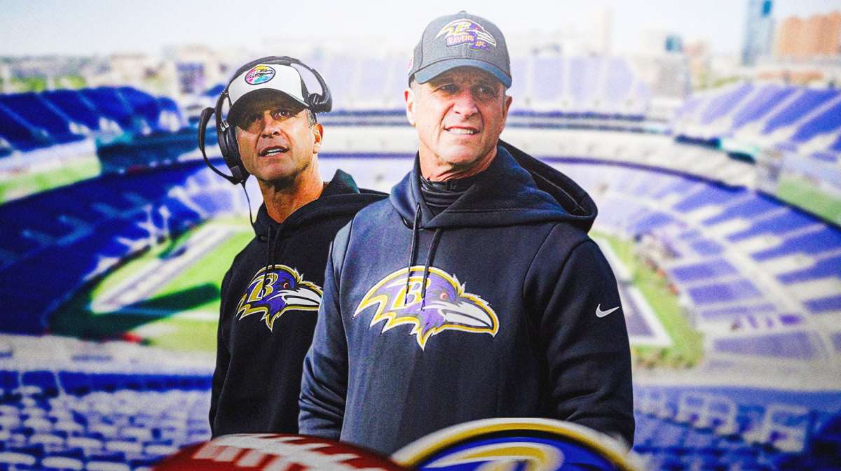 Ravens, Bengals, John Harbaugh, Mark Andrews, Logan Wilson, John Harbaugh with Ravens stadium in the background
