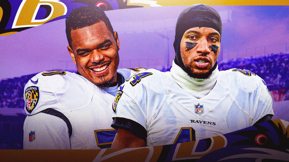 Baltimore Ravens stars Marlon Humphrey and Ronnie Stanley in front of M&T Bank Stadium.