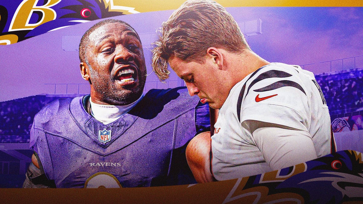 Baltimore Ravens star Roquan Smith and Cincinnati Bengals quarterback Joe Burrow in front of M&T Stadium.