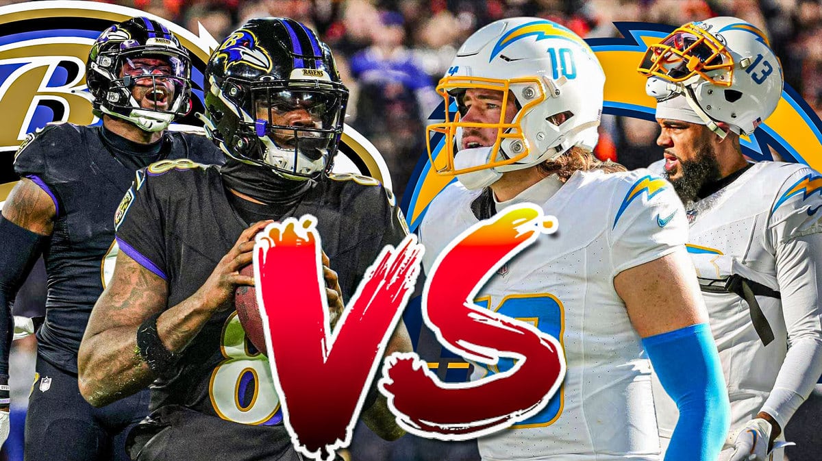 Lamar Jackson, Patrick Queen, Ravens logo vs. Justin Herbert, Keenan Allen, Chargers logo.