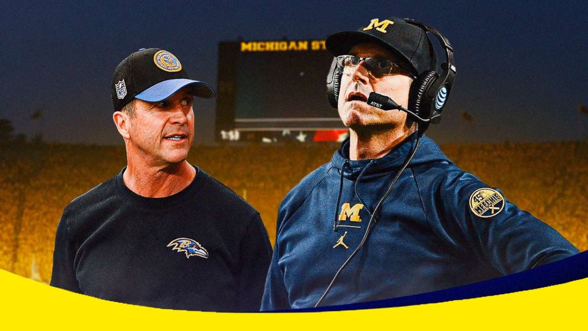 Ravens, Baltimore, Michigan football, Jim Harbaugh, John Harbaugh, John Harbaugh and Jim Harbaugh with Michigan football stadium in the background