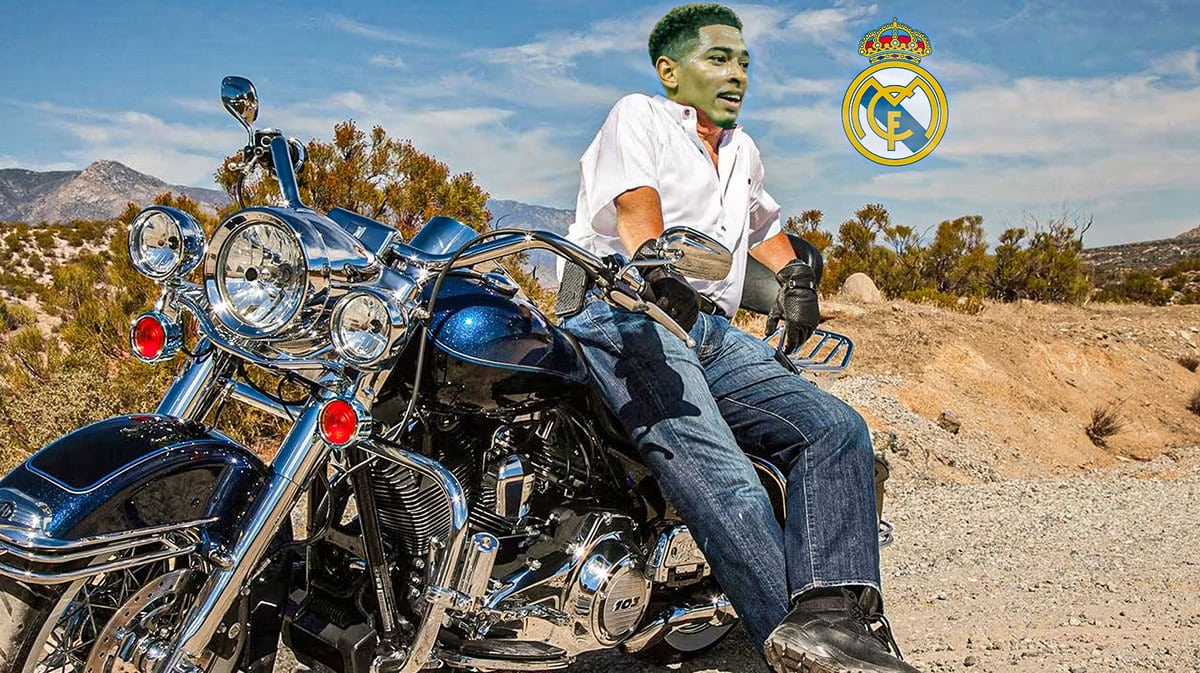Jude Bellingham sitting on a motorbike, the Real Madrid logo in the sky