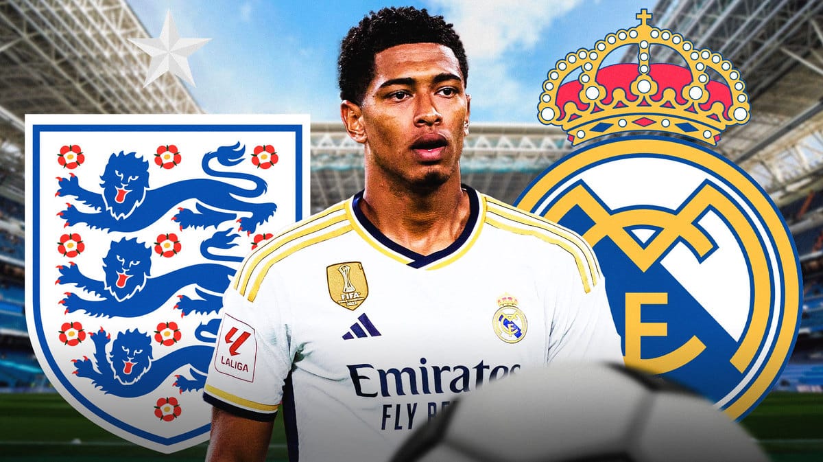 Jude Bellingham in front of the England soccer and Real Madrid logos
