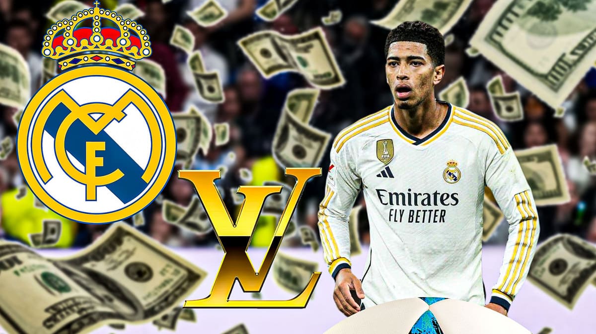 Jude Bellingham in front of the Real Madrid and Louis Vuitton logos, money falling from the air