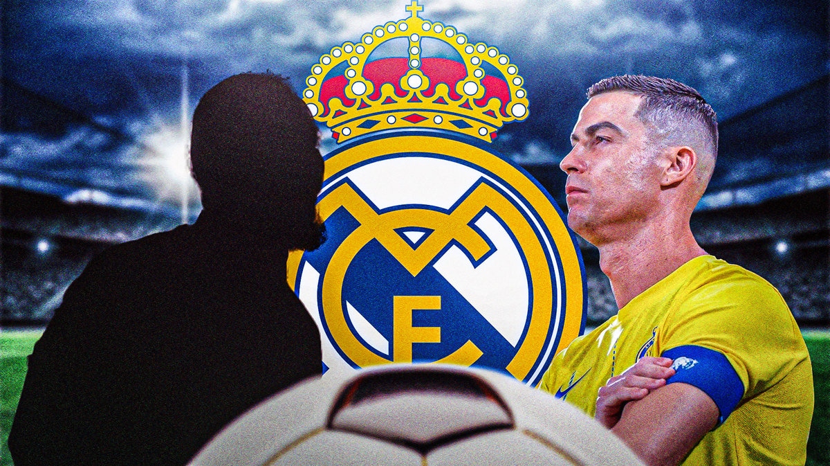 Cristiano Ronaldo looking at the silhouette of Royston Drenthe in front of the Real Madrid logo