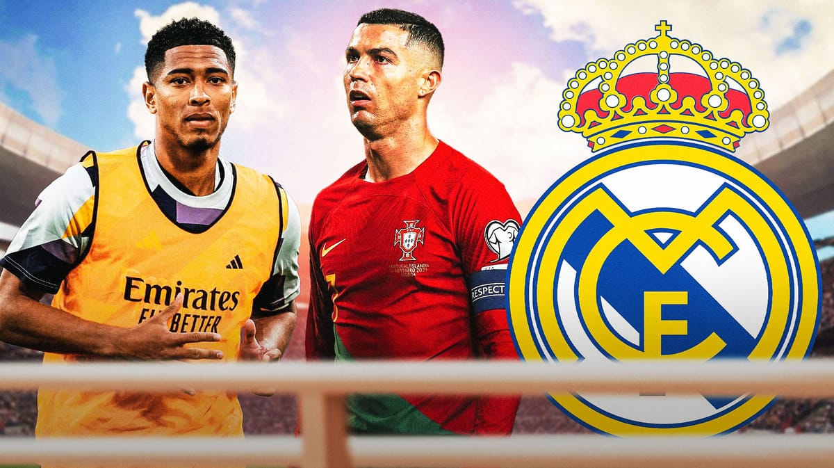 Cristiano Ronaldo looking at Jude Bellingham in front of the Real Madrid logo