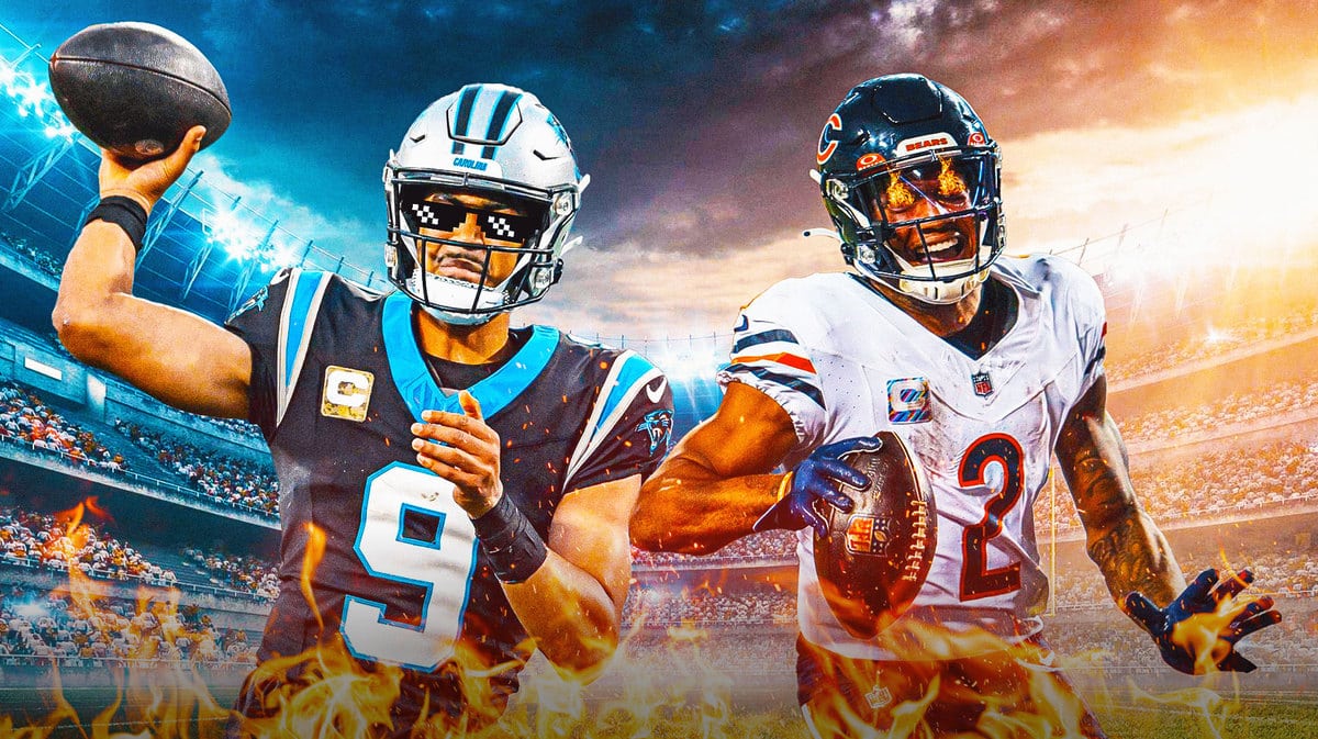 Bryce Young of the Panthers with deal with it shades and DJ Moore of the Bears with fire in eyes
