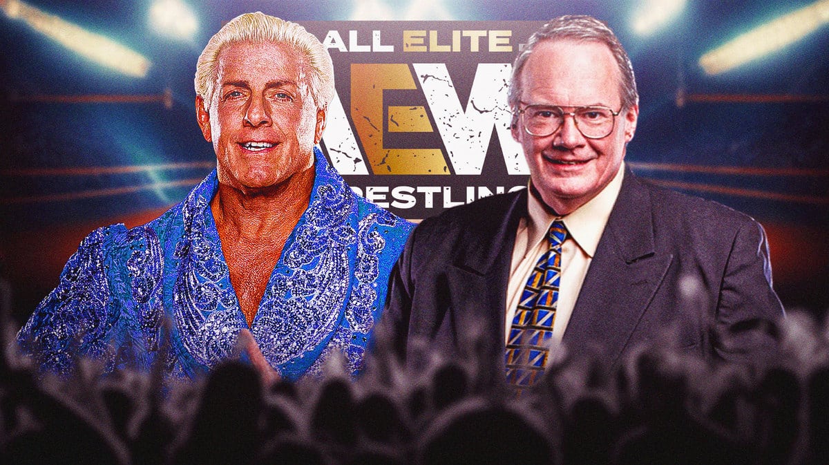 Ric Flair next to Jim Cornette with the AEW logo as the background.