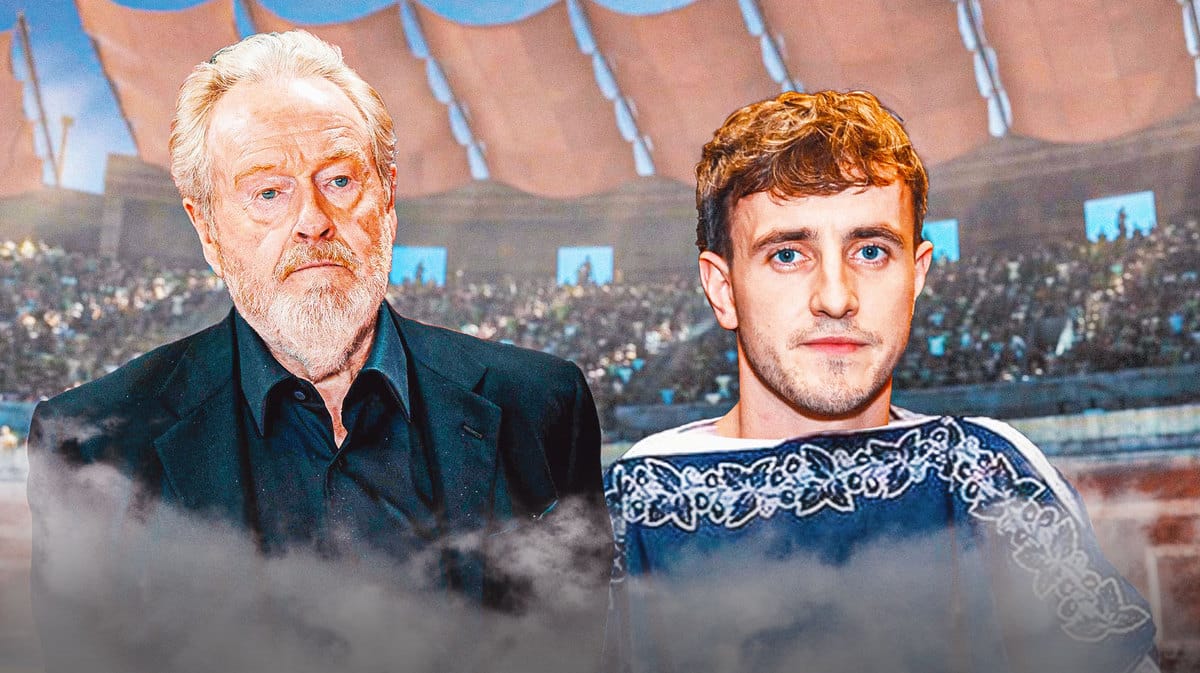 Ridley Scott and Paul Mescal with a Gladiator background.